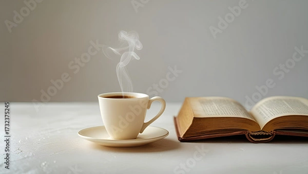 Fototapeta A steaming cup of coffee next to an open vintage book on a white table. Clean, minimalist still life for reading and relaxation.