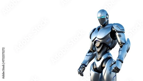 Fototapeta Futuristic cyborg robot standing isolated on white background