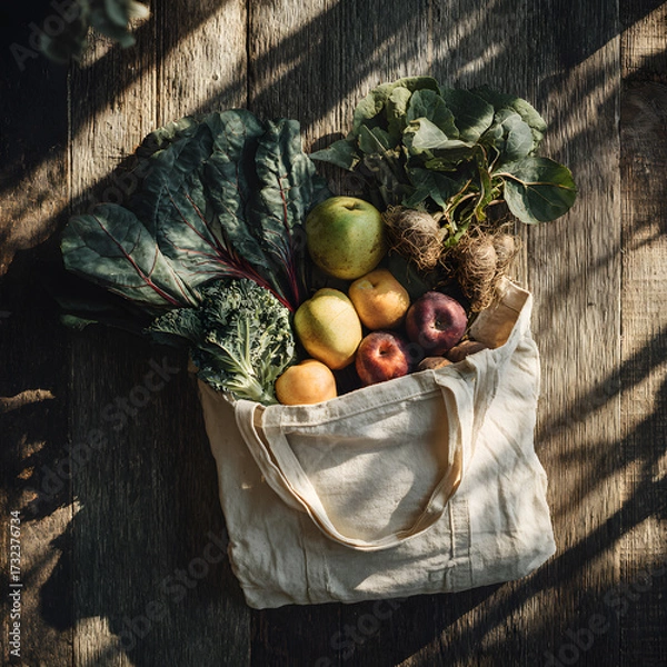 Fototapeta A reusable bag filled with fresh vegetables and fruits is placed on a rustic wooden table. The morning light highlights the vibrant colors of apples, greens, and other healthy produce