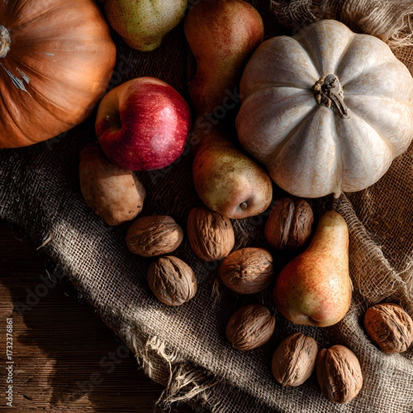 Fototapeta A display of fresh pumpkins, red apples, and ripe pears arranged with walnuts on a rustic burlap cloth, capturing the essence of autumn harvest season in a warm light