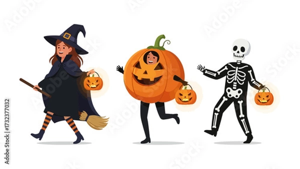 Fototapeta Spooky Halloween Parade: Three imaginative characters stroll, each personifying the eerie charm of Halloween. A witch, a jack-o'-lantern, and a skeleton move forward, each holding a lantern.