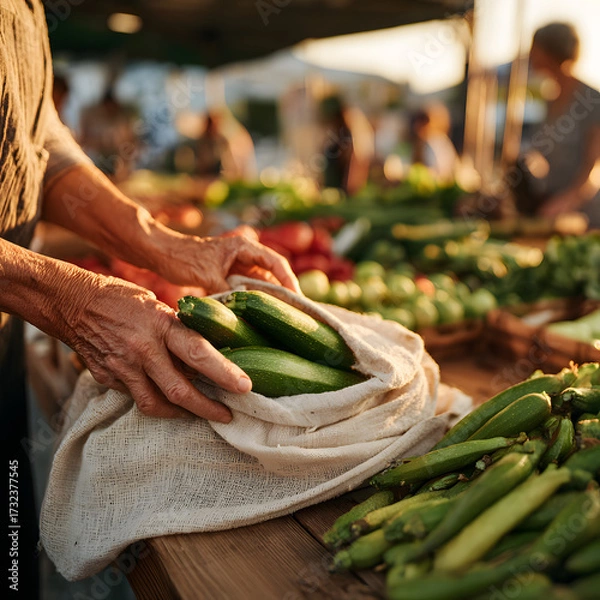 Fototapeta A person picks fresh zucchinis from a burlap bag at an outdoor market. The scene is vibrant with various vegetables around. The warm sunset light enhances the atmosphere