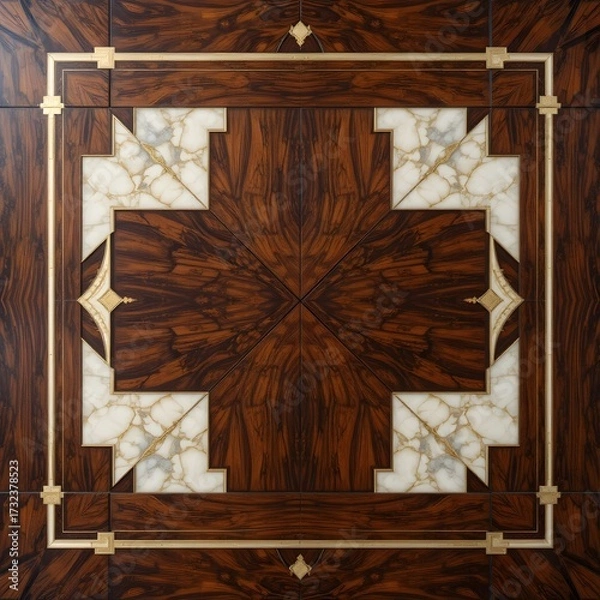Fototapeta Exquisite symmetrical wood veneer and marble inlay design, featuring elegant brass accents in a luxurious classical pattern, perfect for high-end interior decor