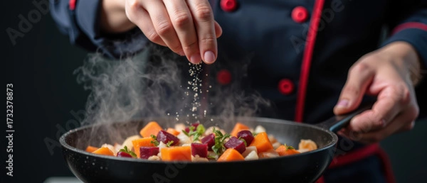 Obraz Chef sprinkles seasoning over colorful vegetable dish in frying pan, showcasing culinary skills and creativity