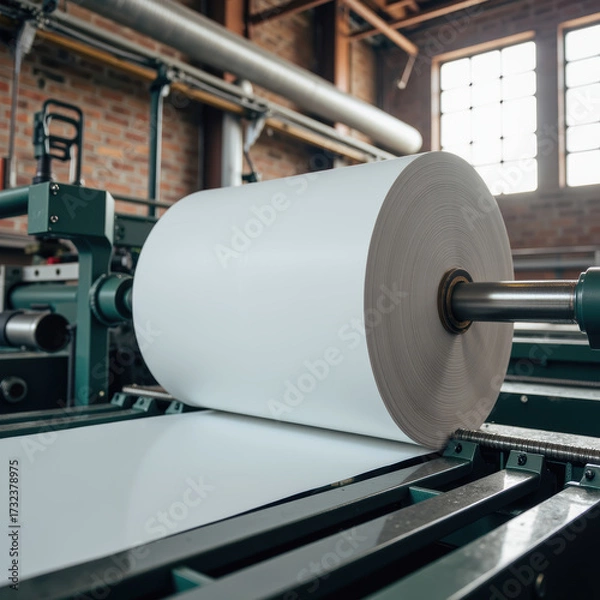 Obraz High quality paper roll on industrial printing machine in factory setting, showcasing modern technology and production process