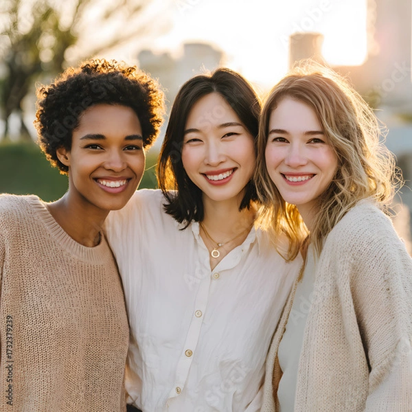 Fototapeta Three diverse friends stand closely together, smiling warmly at the camera. The sun shines brightly behind them, creating a cheerful atmosphere in an urban park filled with greenery