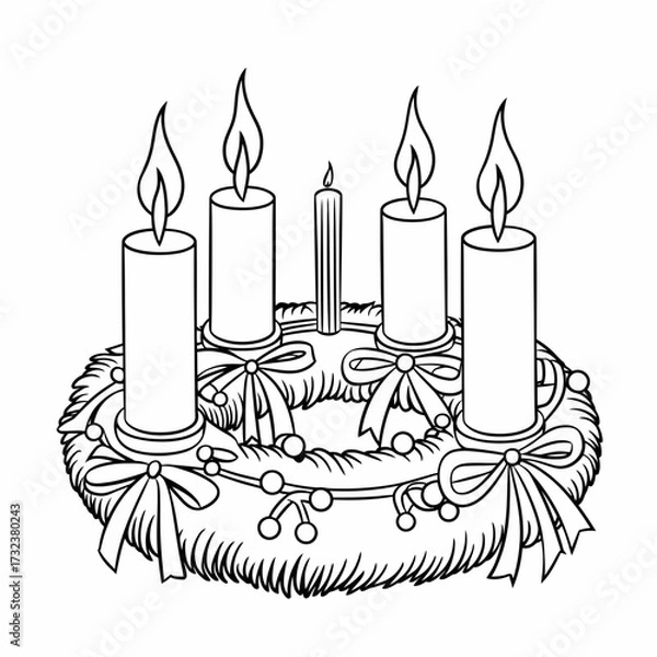 Obraz Intricate vector wreath illustration with five candles for festive decorations silhouette white background