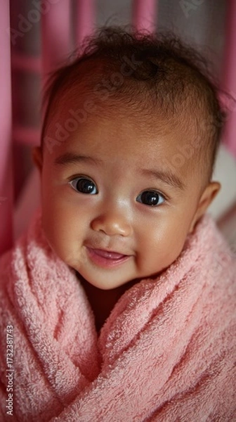 Fototapeta Happy baby wrapped in a pink towel smiling brightly in a cozy environment with soft lighting