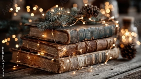 Fototapeta Warm holiday ambiance created by stacked vintage books surrounded by glowing string lights and natural decorations in a cozy room setting during winter