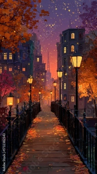 Fototapeta Autumn evening stroll along a beautiful pathway in a charming city with glowing lanterns and colorful leaves