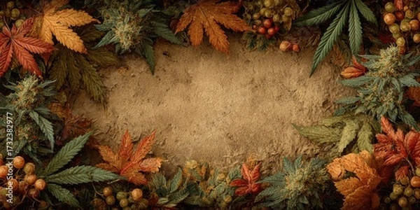 Fototapeta Autumnal abundance of cannabis leaves and berries creates a natural frame around a textured brown background, evokes a sense of seasonal harvest