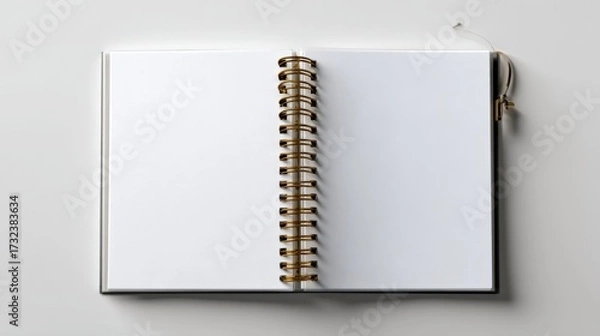 Fototapeta Opened blank spiral notebook with white pages laying on a white surface viewed from above