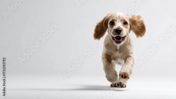 Fototapeta Smiling Cocker Spaniel puppy running towards the camera on a white studio background