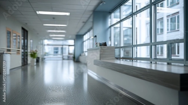 Fototapeta Modern hospital hallway with reception desk and large windows providing natural light