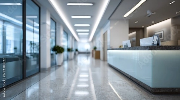 Fototapeta Modern office interior features a long hallway with a reception desk and reflective marble floors
