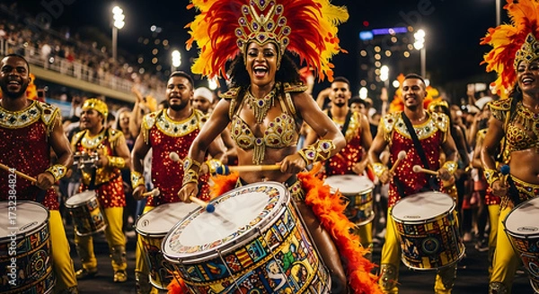Fototapeta Immerse yourself in the vibrant atmosphere of a festive street parade, showcasing a kaleidoscope of dancers and musicians in elaborate attire, moving with lively rhythms.