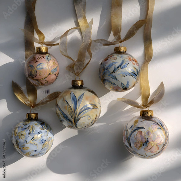 Fototapeta Five round Christmas ornaments with painted floral designs are suspended against a white surface. Each has a thin gold ribbon attached and creates a festive holiday scene