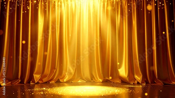 Fototapeta Golden silk stage curtain shimmering glossy under spotlight with falling confetti symbolizing prosperity achievement and celebration 
