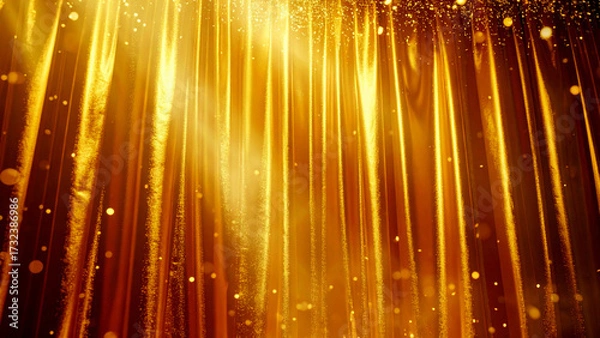 Fototapeta Golden silk stage curtain shimmering glossy under spotlight with falling confetti symbolizing prosperity achievement and celebration 
