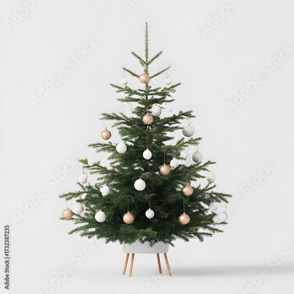 Fototapeta A green Christmas tree stands against a white background. It is decorated with white and gold ball ornaments. The tree is in a white pot with natural wood legs