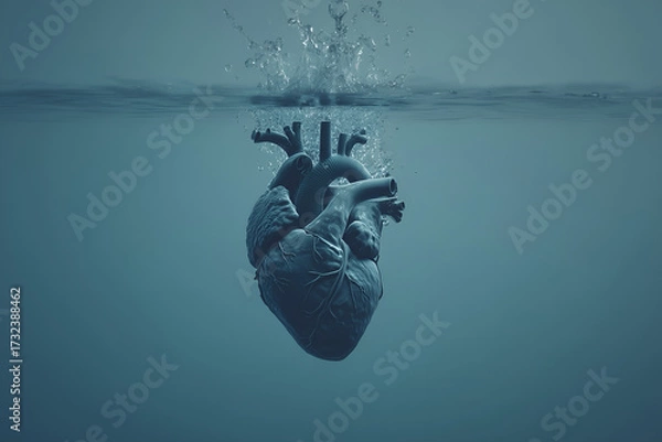 Fototapeta Anatomical Heart Submerged in Deep Water, Emotion, Grief, and Sorrow