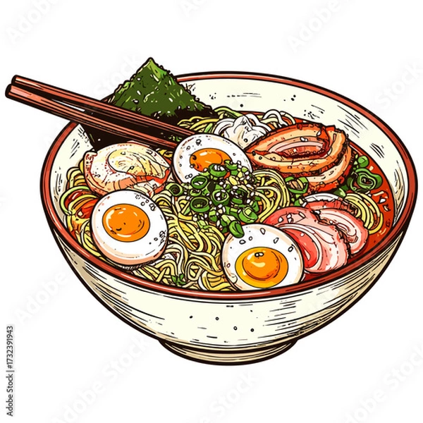 Fototapeta Colorful ramen bowl with rich savory texture and vibrant vegetables symbolizing harmony, strength, and joy 
