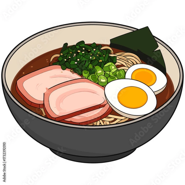 Fototapeta Colorful ramen bowl with rich savory texture and vibrant vegetables symbolizing harmony, strength, and joy 
