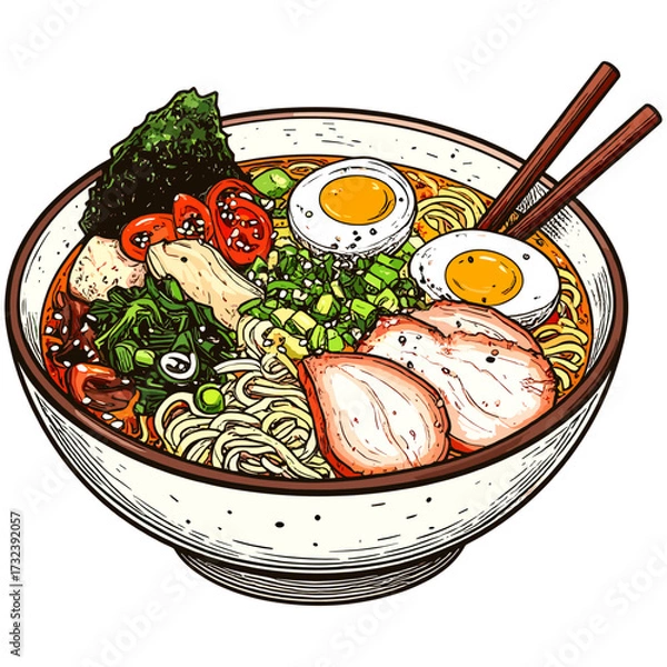 Fototapeta Colorful ramen bowl with rich savory texture and vibrant vegetables symbolizing harmony, strength, and joy 
