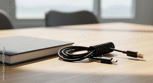 Fototapeta Cable de datos espiralado y libro cerrado en mesa de oficina de madera clara con fondo borroso para trabajo productivo