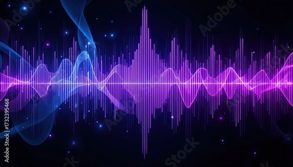 Fototapeta Dynamic audio waves in vibrant purple and blue create a stunning, modern soundscape visualization perfect for technology and entertainment projects