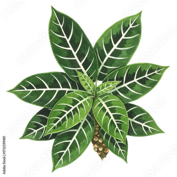 Fototapeta Watercolor zebrina plant with variegated leaves and textured stem detail isolated on white background