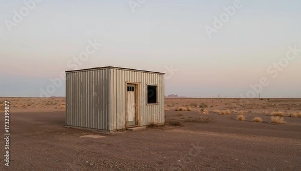 Fototapeta Isolated Metal Cabin Standing Alone in the Empty Desert
