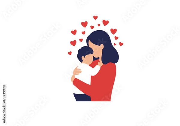 Obraz Woman in red holds child surrounded by hearts
