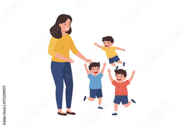 Obraz Woman smiles as three excited boys jump and run towards her arms raised in glee