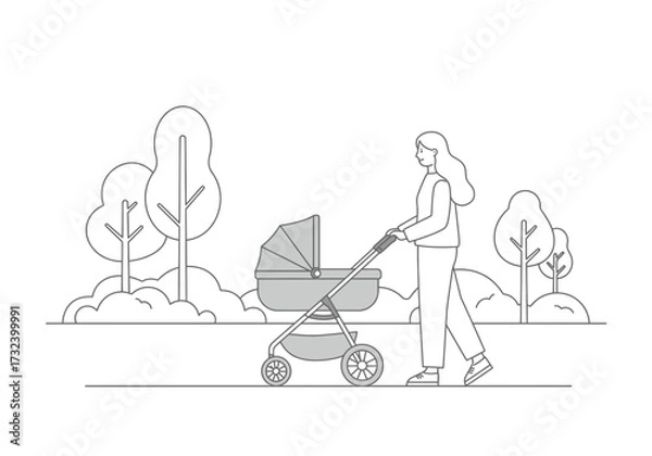 Obraz Woman strolls pushing stroller in park with trees