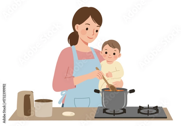 Obraz Woman wearing an apron holds a baby while stirring a pot on the stove