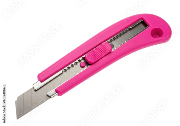 Fototapeta Pink box cutter isolated on transparent background, utility knife for crafts and office supplies, sharp blade for cutting cardboard and paper