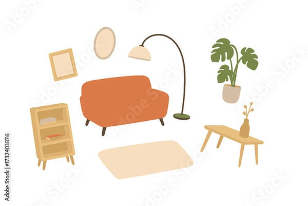 Fototapeta Living room furniture set for home decor sale banner. Minimalistic interior design concept. Cozy modern furniture collection with sofa, lamp, table, and plant. Moving house vector.