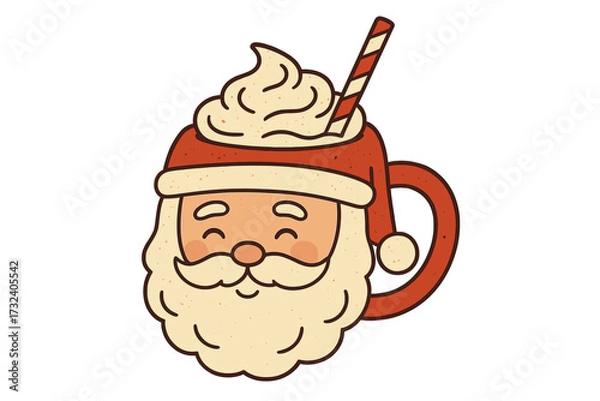 Fototapeta Santa Claus head mug with hot winter drink, whipped cream and striped straw. Festive cup for coffee, cocoa, or chocolate. Christmas vector flat hand drawn isolated illustration.