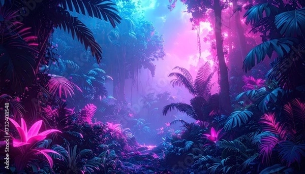 Obraz Mesmerizing digital illustration showcases a vibrant, luminous jungle scene illuminated by electric, neon-colored light, featuring rich shades of purple, blue, and magenta, evoking a mysterious,...