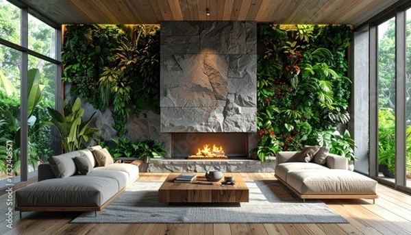 Obraz The interior presents a living room with a cozy fireplace, flanked by lush vertical gardens, offering an inviting space.