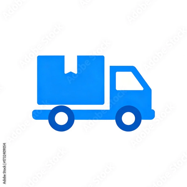 Obraz A stylized blue delivery truck icon transporting a package, rendered on a white background.