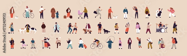 Obraz Set of tiny people walking outdoors. Children are skateboarding, characters go with their dogs on street. Men and women ride bikes, play music, have fun in city. Flat isolated vector illustrations.