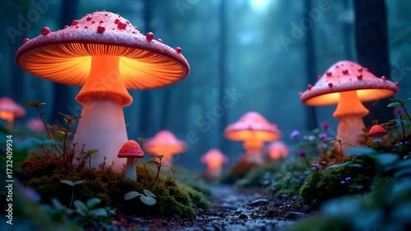 Fototapeta Bioluminescent Mushrooms in an Enchanted Forest