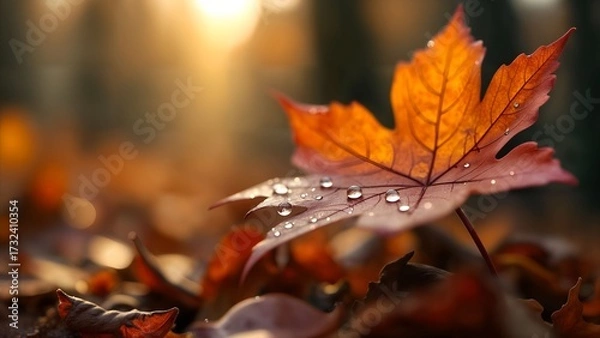 Fototapeta Macro Dewdrops on Autumn Leaf