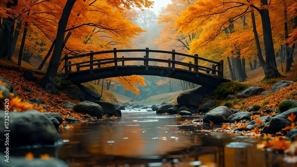 Fototapeta Autumn Bridge Over Tranquil Stream