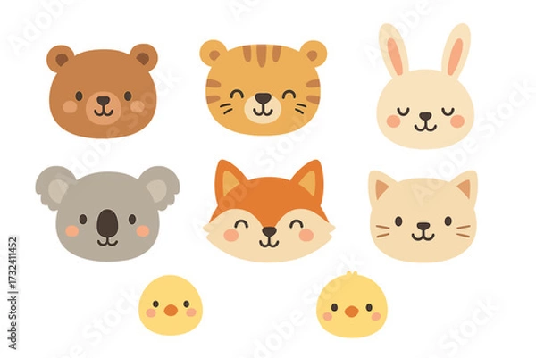 Obraz Cute childish animal faces collection. Bear, tiger, rabbit, koala, fox, cat, chick head icons. Vector flat design character set. Kawaii zoo, farm and forest animals for kids.