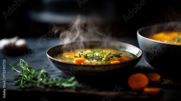 Fototapeta Heiße Gemüsesuppe mit frischen Kräutern im rustikalem Suppenteller