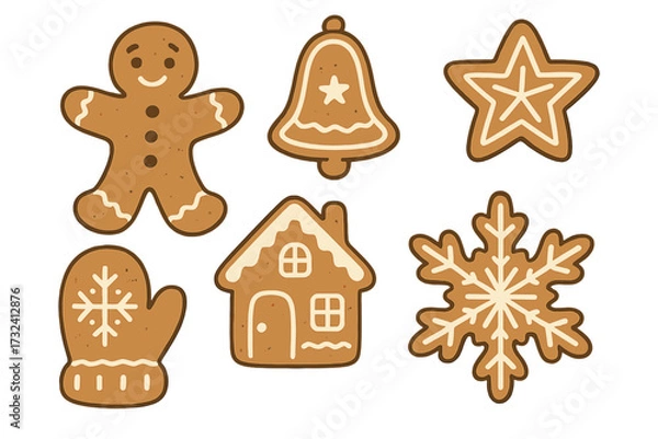 Fototapeta Gingerbread cookies set for Christmas holiday. Cute cartoon vector illustration of festive sweet food. Collection includes gingerbread man, house, star, snowflake, bell, mitten.