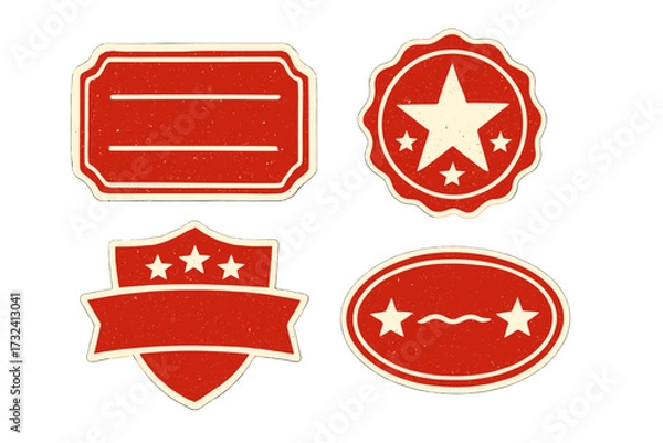 Fototapeta Vector set of vintage red badges and labels. Retro grunge frames with stars. Blank textured stickers and stamps for promotion. Old seal and emblem design elements templates.